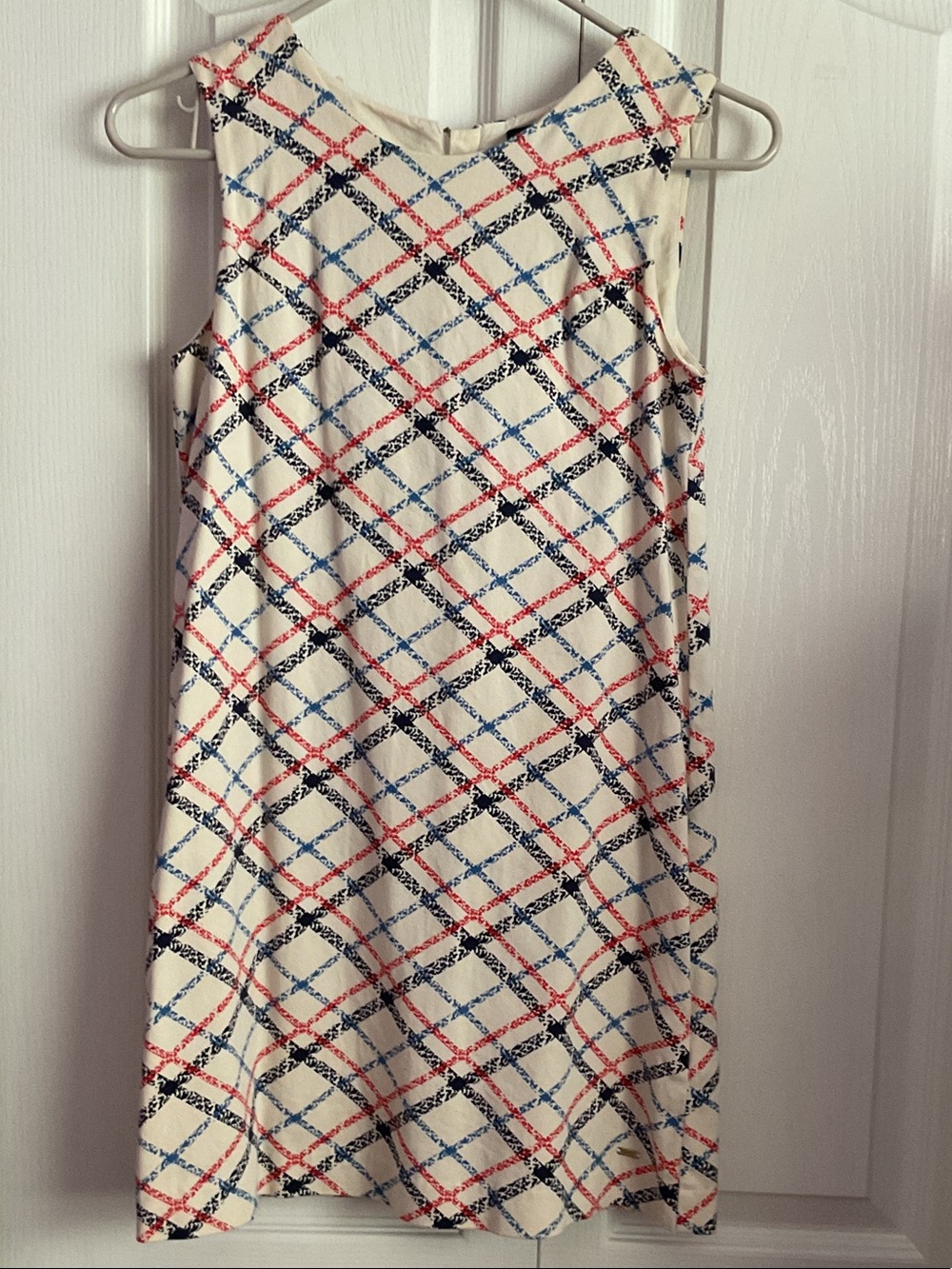 TOMMY HILFIGER Sleeveless Cream Plaid Shift Dress with Red & Blue Accents